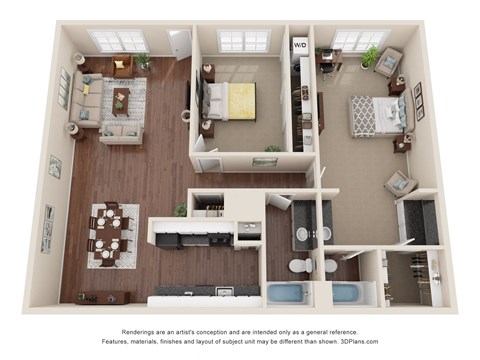Floor plan for 2 beds, 2 baths, 1103 sqft